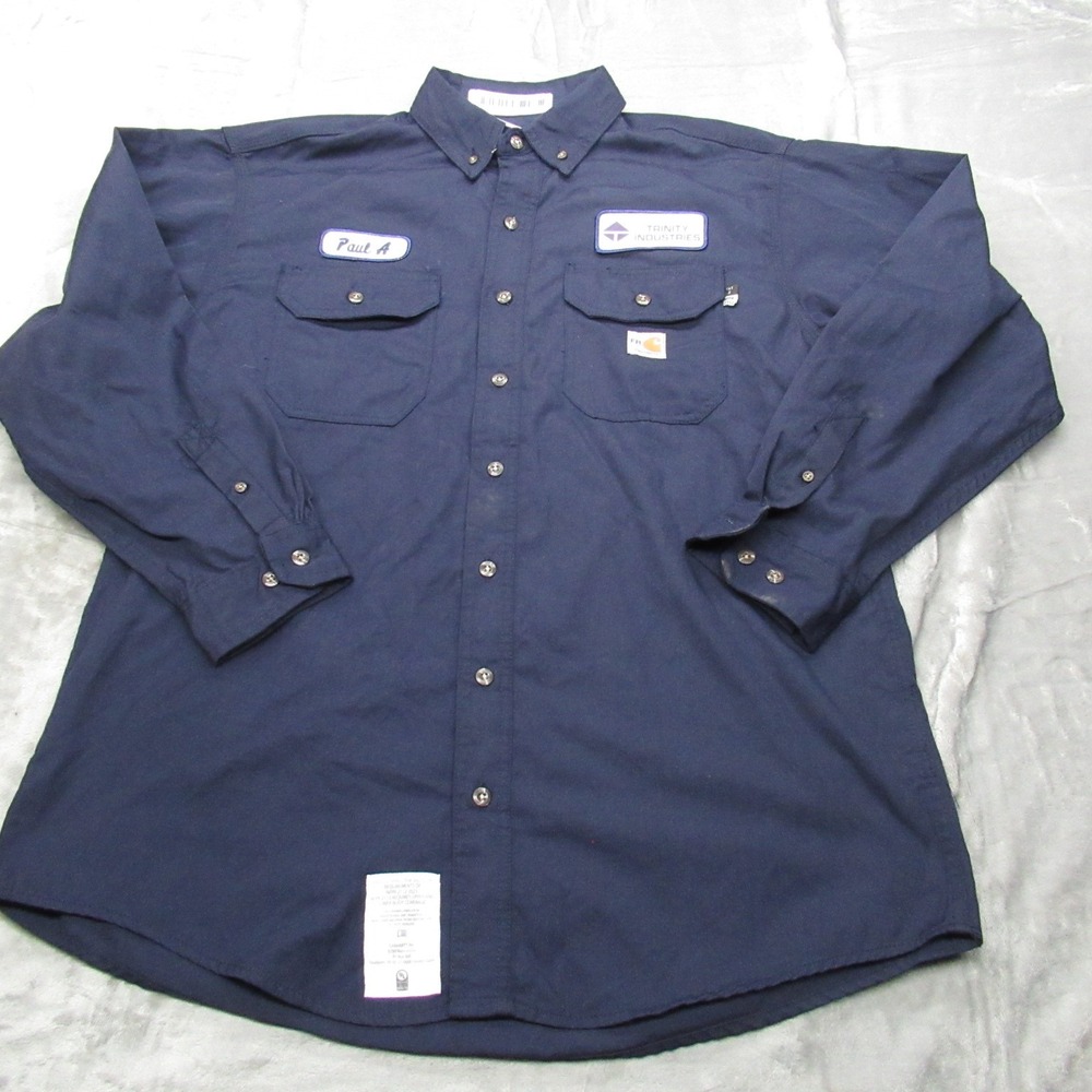 Carhartt FR Shirt Men Navy Blue Large Flame Resistant Work Paul Cat2 Rugged Logo